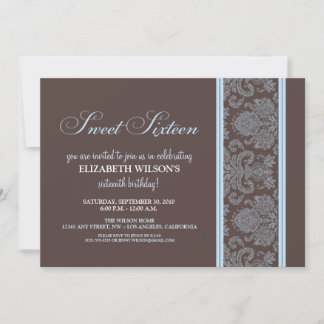 Elegant Damask Sweet 16 födelsedagsinbjudan (blå) Inbjudningar
