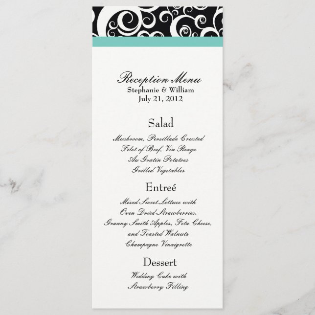 Elegant Damask Swirls Reception Menu i Aqua Meny (Framsida)