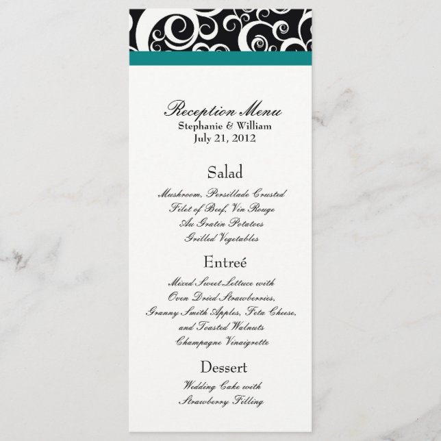 Elegant Damask Swirls Reception Menu in Teal Meny (Framsida)