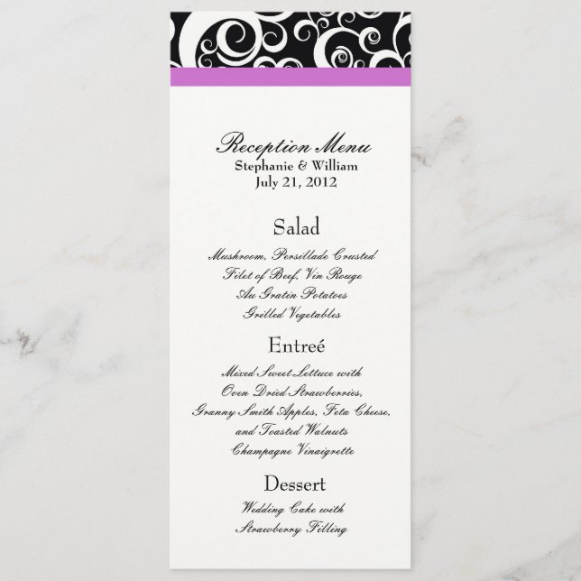 Elegant Damask Swirls Reception Meny in Lila (Framsida)