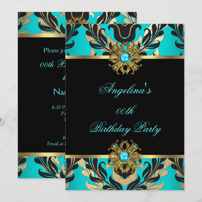 Elegant Damask Teal Blue Guld Black Födelsedagsfes Inbjudningar (Fram/baksida)