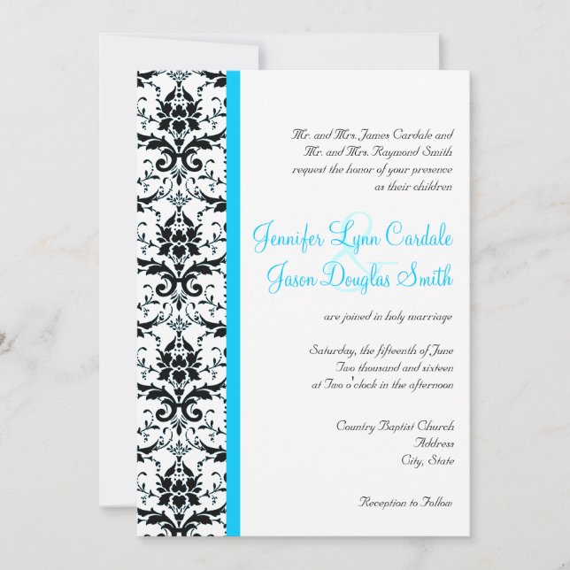 Elegant Damask Teal Blue Rand bröllopsinbjudning Inbjudningar (Framsida)