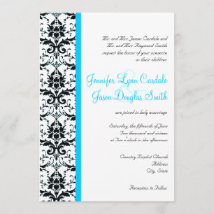 Elegant Damask Teal Blue Rand bröllopsinbjudning Inbjudningar
