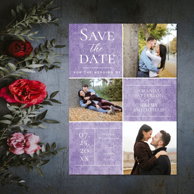 Elegant Damask Tre Foto Collage | Lila Spara Datumet (Elegant Damask Three Photo Save the Date - Purple)