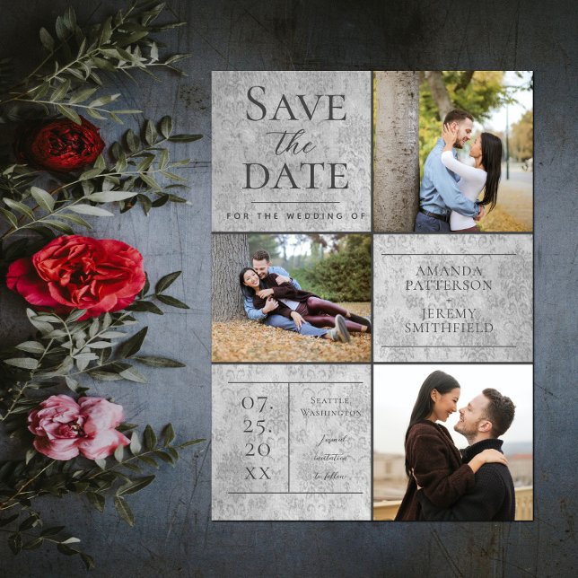 Elegant Damask tre fotokollage | Grått Spara Datumet (Elegant Damask Three Photo Save the Date - Gray)