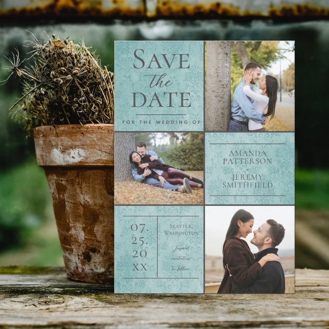 Elegant Damask tre fotokollage | Teal Spara Datumet (Skapare uppladdad)