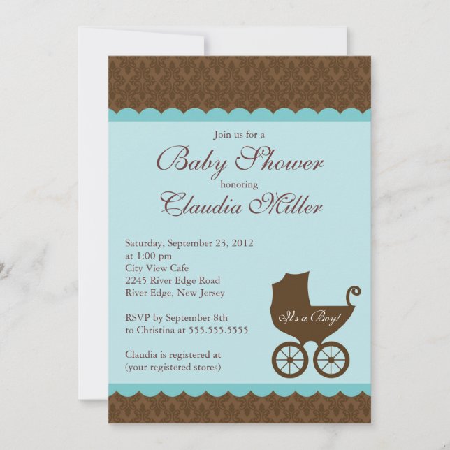 Elegant Damask Vagn Pojke Baby Shower Inbjudan (Framsida)