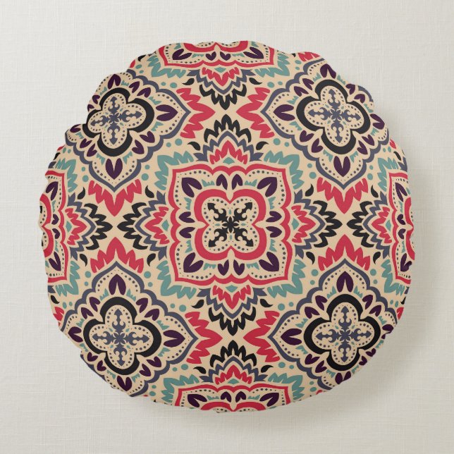 Elegant Damask: Vintage Sömlöst Struktur Rund Kudde (Framsidan)