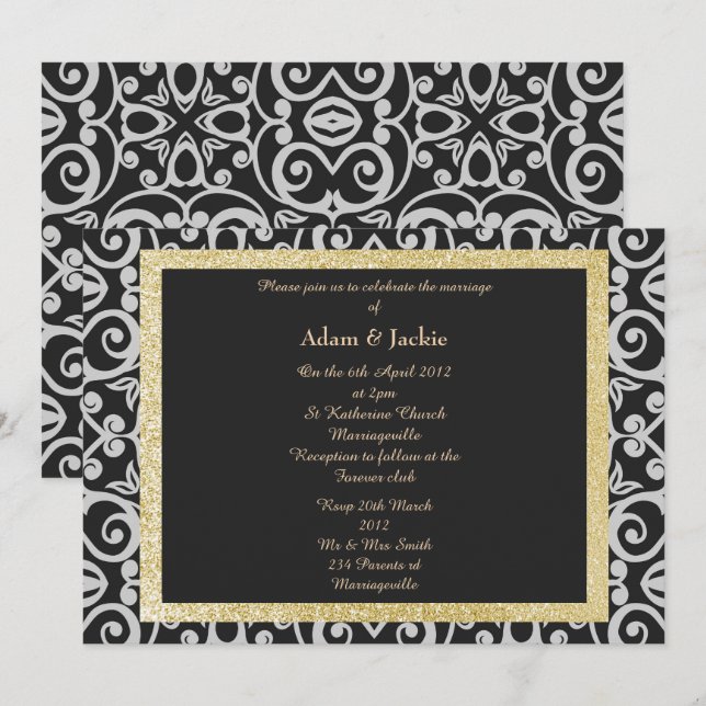 ELEGANT Damask WEDDING BLACK SILVER MODERN Inbjudningar (Fram/baksida)