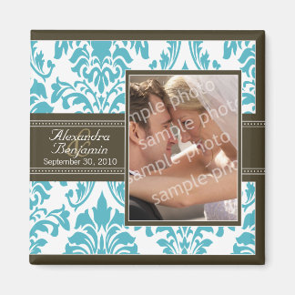 Elegant Damask Wedding Favor Magnet: aqua/brun Magnet