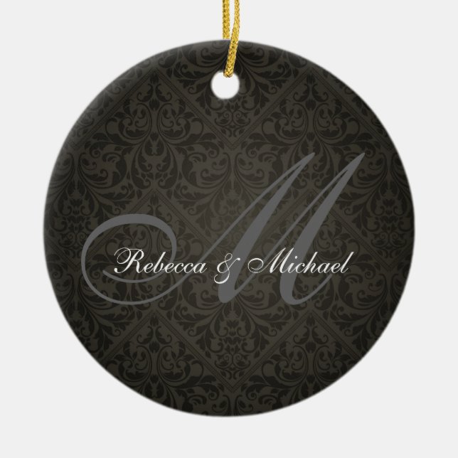 Elegant Damasked Monogramprydnad Julgransprydnad Keramik (Framsidan)