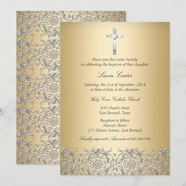 Elegant Damaskkors i Guld Dop/Dopceremoni Inbjudningar (Fram/baksida)