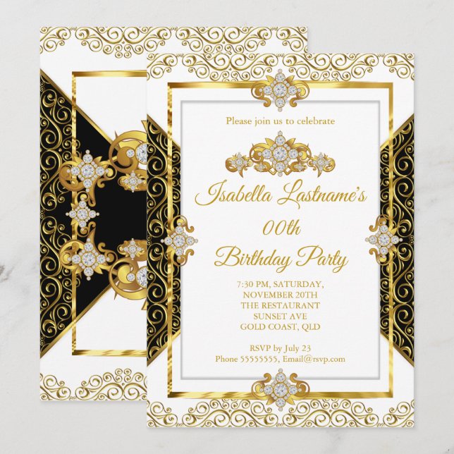 Elegant Damast Guld Vita Diamant Födelsedagsfirand Inbjudningar (Fram/baksida)