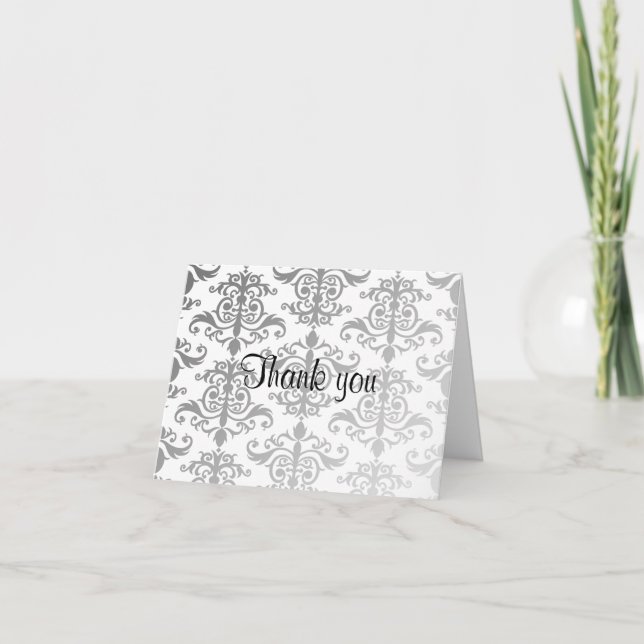 Elegant damast ljusgrå bröllop tack kort (Framsida)