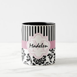 Elegant damast- och randmonogram Två-Tonad mugg