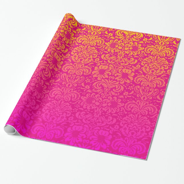 Elegant damast (shock rosa och orangen) presentpapper (Utrullad)