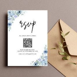 Elegant Damblå Blommig QR-kod Bröllop OSA Kort