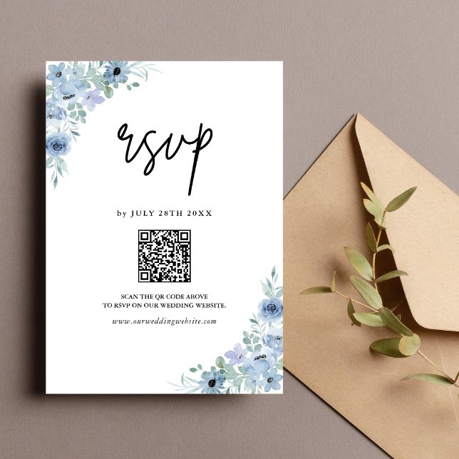 Elegant Damblå Blommig QR-kod Bröllop OSA Kort (Elegant dusty blue floral QR code RSVP card lets guests respond instantly with refined charm)