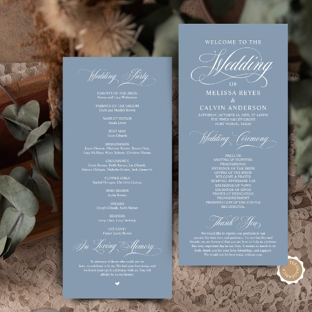 Elegant Damblå Bröllopsceremoni Script Program (Elegant Classic Dusty Blue Script Wedding Ceremony Program Card)