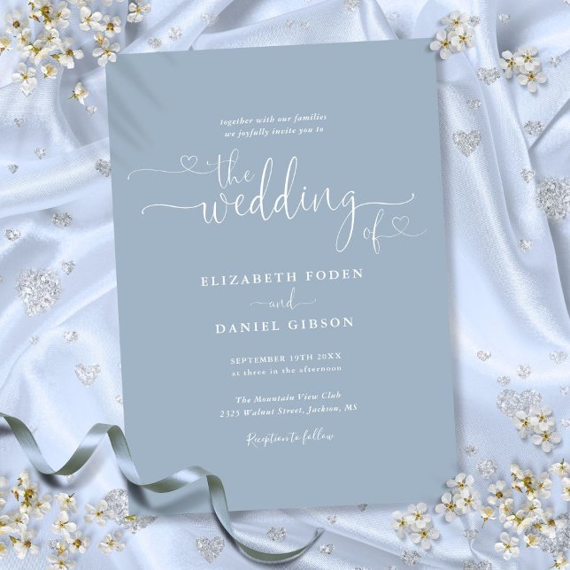 Elegant Damblå Hjärtan Kalligrafi Bröllop Inbjudningar (Elegant Dusty Blue Hearts Calligraphy Wedding Invitation)