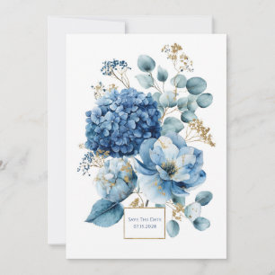 Elegant Damblå Hortensia Guldglitter Inbjudningar