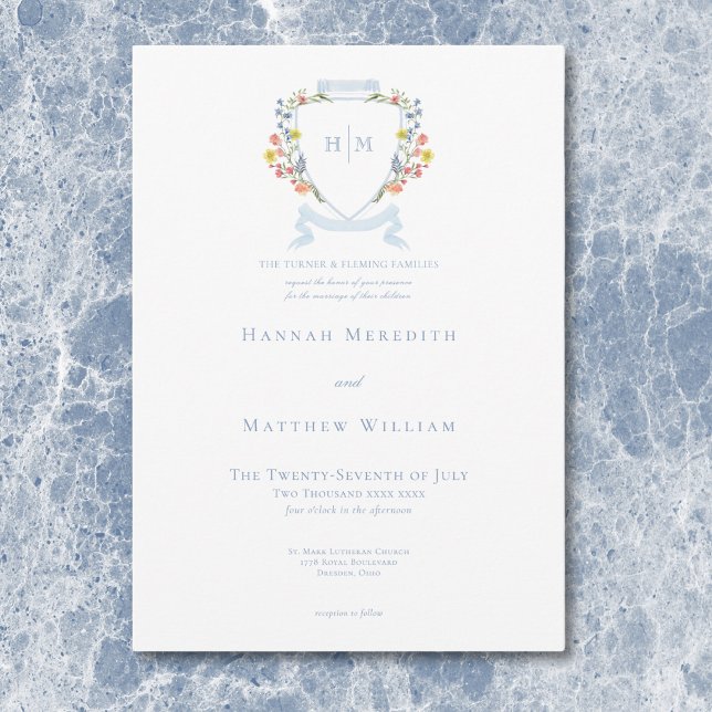 Elegant Damblå Pastell Vildblomma Kam Wedding Inbjudningar (Elegant Dusty Blue Pastel Wildflower Crest Wedding Invitation)