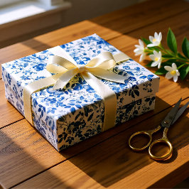Elegant Damblå Toile Blommig Bröllop Presentpapper