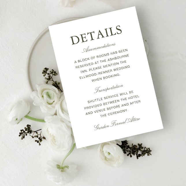 Elegant Damgrön Klassisk Bröllopsinformation Tilläggskort (Elegant dusty green enclosure cards share wedding details with timeless elegance and clarity.)