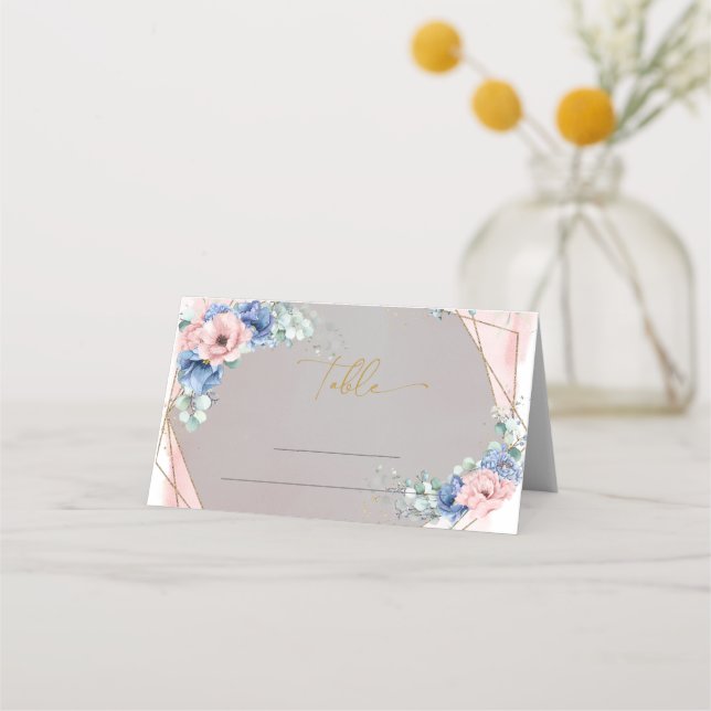 Elegant Dammbildande blått rosa blommigt guld Placeringskort (Framsida)