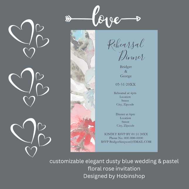 elegant Dammbildande bröllop & pastel blommigt ro Inbjudningar (ustomizable elegant dusty blue wedding & pastel floral rose invitation
Designed by Hobinshop)