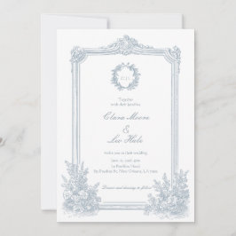 Elegant dammblå blomsterkant bröllopsfoto inbjudningar