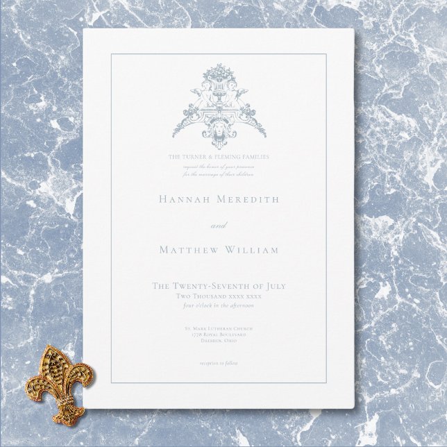 Elegant dammblå chinoiserie kerubhustru inbjudningar (Elegant Dusty Blue Chinoiserie Cherub Wedding Invitation)