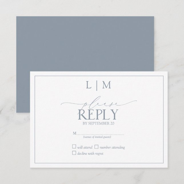 Elegant Dammblå Kalligrafi Monogram RSVP OSA Kort (Fram/baksida)