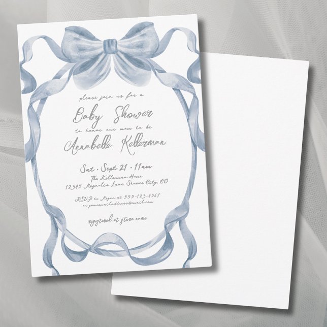 Elegant dammblå rosett för babyfirande inbjudningar (Elegant Dusty Blue Bow Baby Shower Invitation)