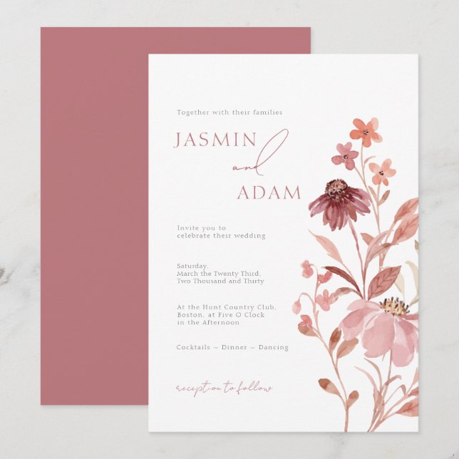 Elegant dammgrå rosblommig monogram bröllop inbjudningar (Fram/baksida)