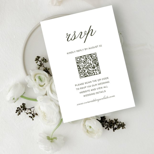 Elegant Dammgrön Klassisk Bröllops QR-kod OSA Kort (Elegant dusty green QR code RSVP cards make guest responses simple and beautifully organized.)