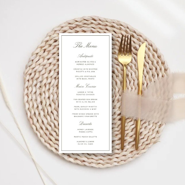 Elegant Dammgrön Klassisk Bröllopsmeny Meny (Elegant dusty green wedding menus elevate your reception with a refined and cohesive look.)