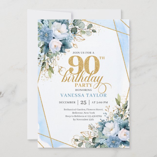 Elegant dammig blå 90-årsdag Blommig Skript  Inbjudningar (Framsida)