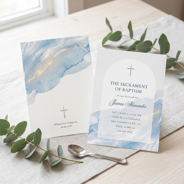 Elegant dammig blå akvarellbåge Minimal dop Inbjudningar (Elegant Blue Watercolor Baptism Invitation Template for Boys)