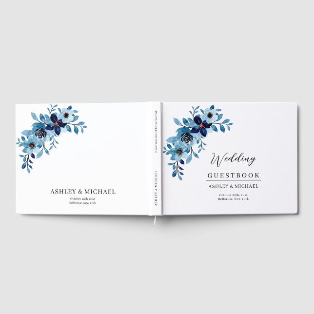 Elegant dammig blå akvarellblombukett gästböcker (Full)