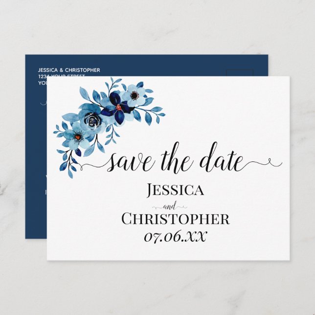 Elegant dammig blå akvarellblomsterbukett meddelande vykort (Fram/baksida)