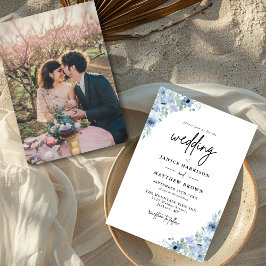 Elegant dammig blå blom- foto bröllop inbjudningar