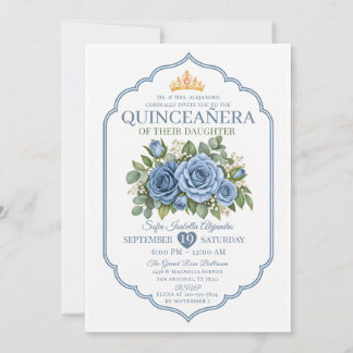 Elegant dammig blå blomkrona Ros Quinceañera Inbjudningar