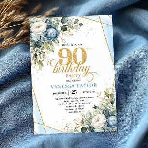 Elegant dammig blå blommar 90-års födelsedagsinbju inbjudningar