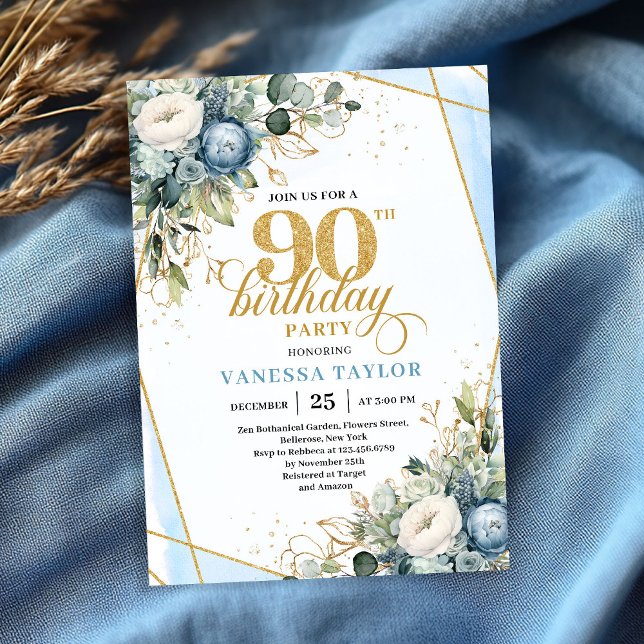 Elegant dammig blå blommar 90-års födelsedagsinbju inbjudningar (Elegant dusty blue blooms 90th birthday invite design)