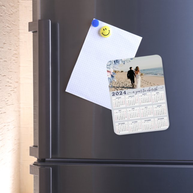 Elegant dammig blå blommig foto 2024 års kalender magnet (Skapare uppladdad)