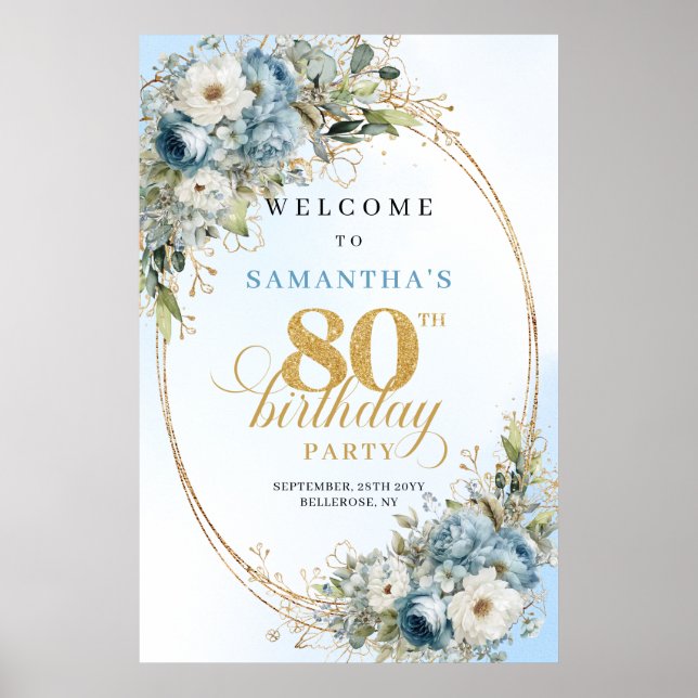 Elegant dammig blå blommig guld ram 80-årsdag poster (Framsidan)