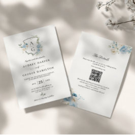 Elegant dammig blå blommig monogram vapensköldsbrö inbjudningar