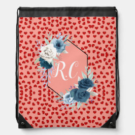 Elegant dammig blå blommig och röda hjärtan monogr gympapåse