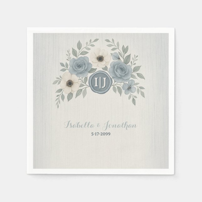 Elegant dammig blå blommig vaxsigill bröllop pappersservett (Framsidan)